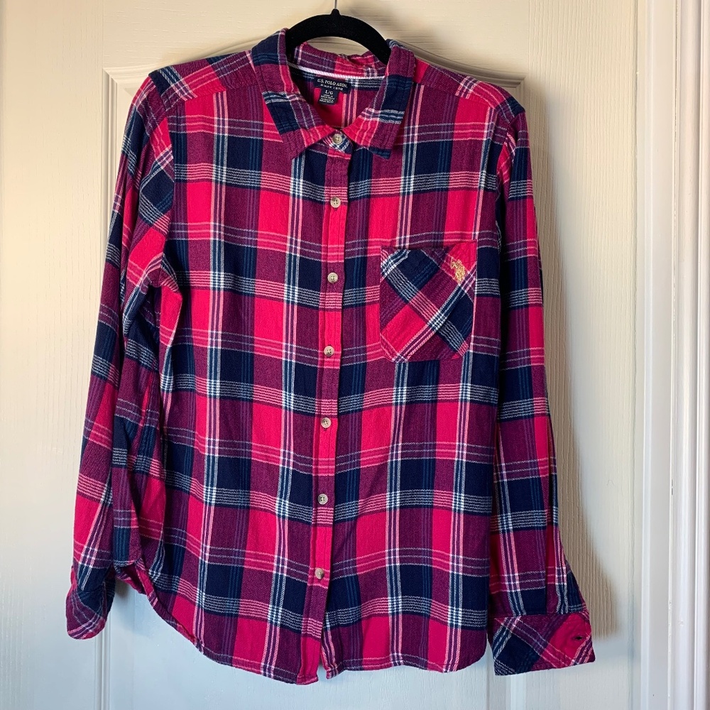 U.S. Polo Assn. Classic Plaid Button-Up Shirt – Soft & Timeless - Pink and Blue‎